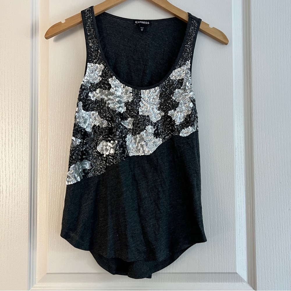 Express Dark Gray Round Neck Sequins Sleeveless Top XS
